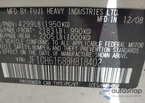 2009 Subaru Impreza 2.5I z USA, uszkodzony, nr VIN JF1GH61689H818402